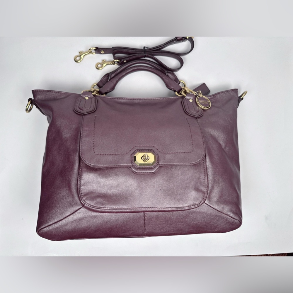 Coach Campbell Turnlock Leather Large Satchel Bag in Pearlized Plum/Brass